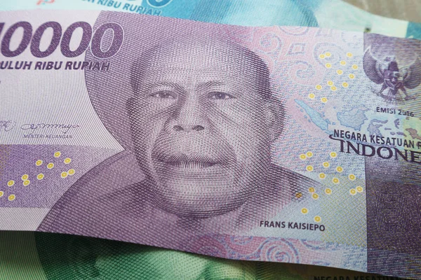 Fragment Indonesian Banknote Ten Thousand Rupees Portrait Frans Kaisiepo Indonesia — Stock Photo, Image