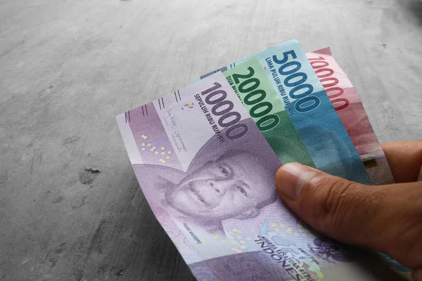 Indonesian Money Gray Background Banknotes Indonesia Ten Twenty Fifty Thousand — Stock Photo, Image