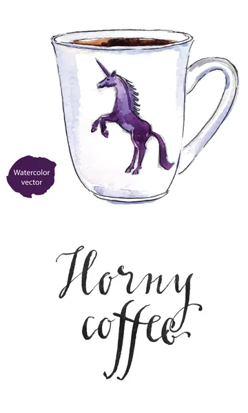 Caffè arrapato, unicorno scuro su una tazza bianca — Vettoriale Stock