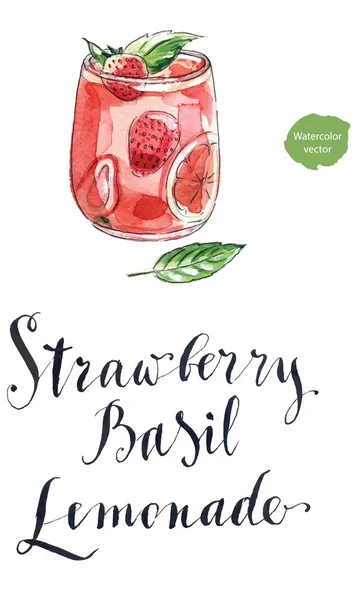Смачний освіжаючий напій зі свіжою полуницею та базиліком — стоковий вектор