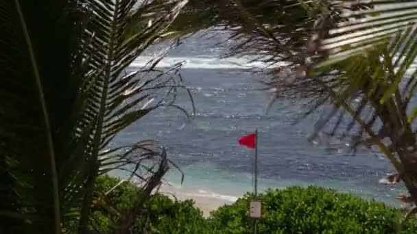 Bandera roja ondeando en una costa de Mauricio — Vídeo de stock
