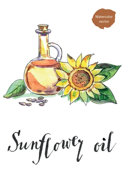 Bottle of sunflower oil, sunflower and seeds — Stock Vector