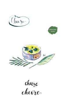Fransız keçi peyniri Chevre suluboya parça yaprak fesleğen ile