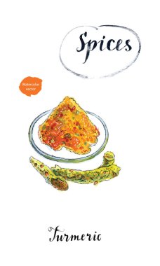 Bir tabak ve watercolo taze zerdeçal kökleri üzerinde zerdeçal tozu