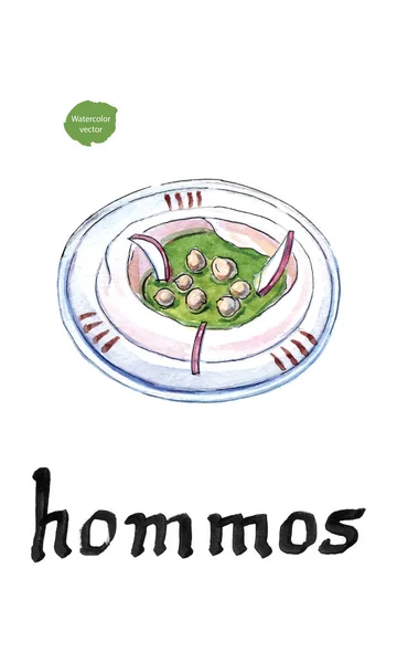 Hommos、ひよこ豆のディップ、スパイス水彩画で白プレートの — ストックベクタ