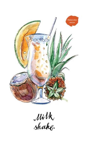 Glas Milchshake mit Stroh und Kokosnuss, Ananas, Papaya in — Stockvektor