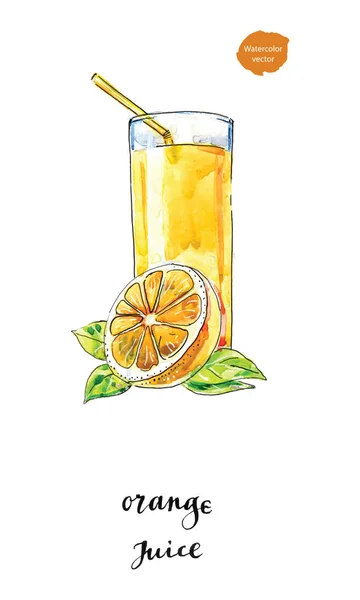 Акварельный стакан летнего апельсинового сока с листьями и апельсином — стоковый вектор