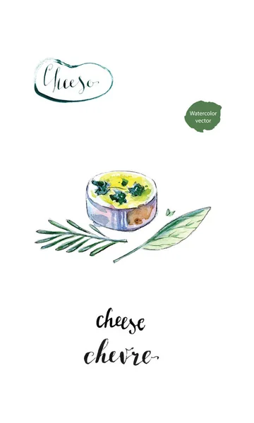 Ακουαρέλα κομμάτι γαλλικό κατσικίσιο τυρί Chevre με φύλλα βασιλικού — Διανυσματικό Αρχείο