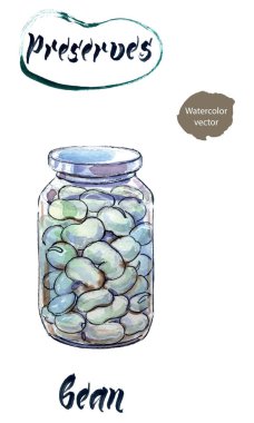 Cam kavanozda haşlanmış beyaz barbunya fasulyesi, suluboya el çizilmiş vektör illüstrasyon