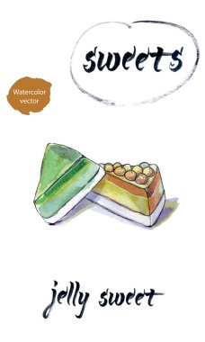 Jöle tatlı, suluboya el çizilmiş, vektör illüstrasyon