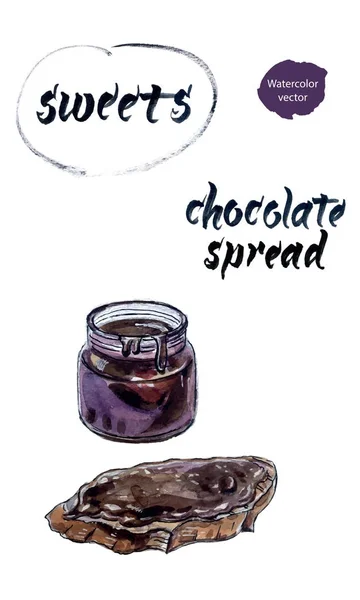 Tartinade au chocolat dans un bocal en verre avec du pain, aquarelle dessinée à la main, illustration vectorielle — Image vectorielle