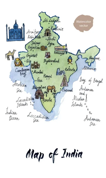 Mapa de atrações da Índia, aquarela desenhada à mão, ilustração vetorial —  Vetores de Stock