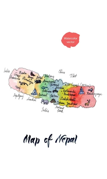 尼泊尔的景点地图, 水彩手绘, 矢量插画 — 图库矢量图片