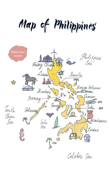 Mapa atrakcji Filipiny, akwarela odręczne, ilustracja wektorowa — Wektor stockowy