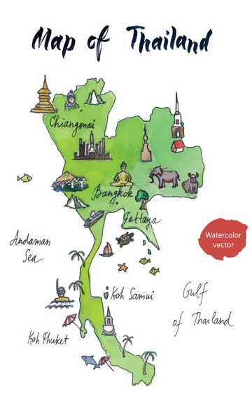 Karte der Sehenswürdigkeiten von Thailand, Aquarell handgezeichnet, Vektorillustration — Stockvektor