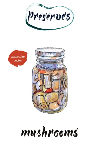 Ciuperci în borcan de sticlă, acuarelă desenată manual, ilustrație vectorială — Vector de stoc