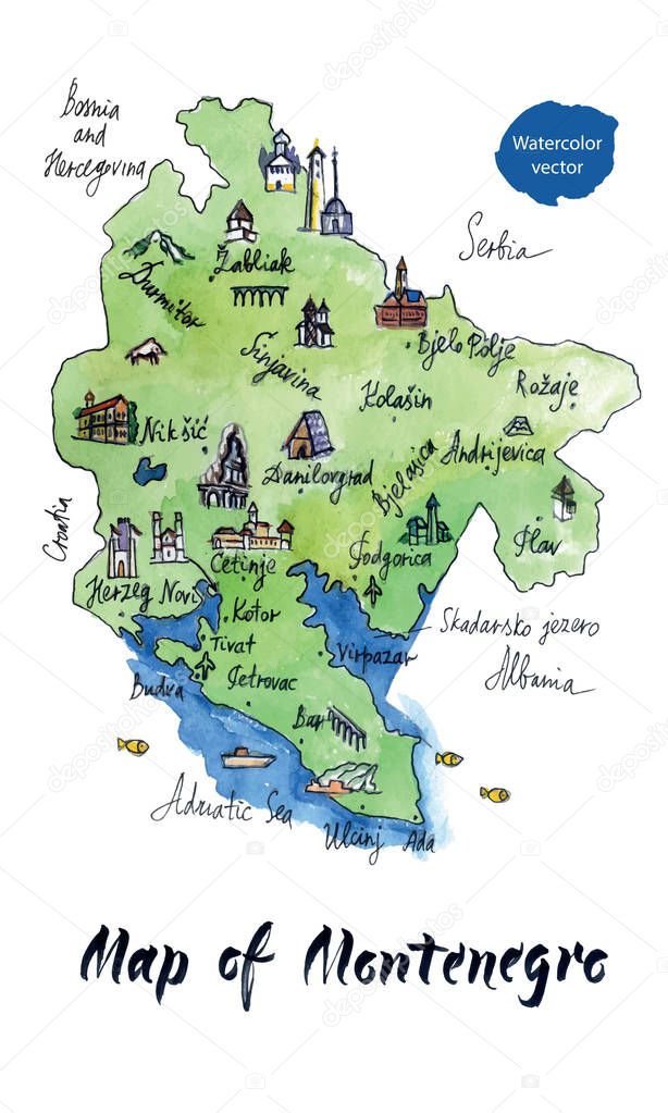 Map of attractions of Montenegro, watercolor hand drawn, vector illustration