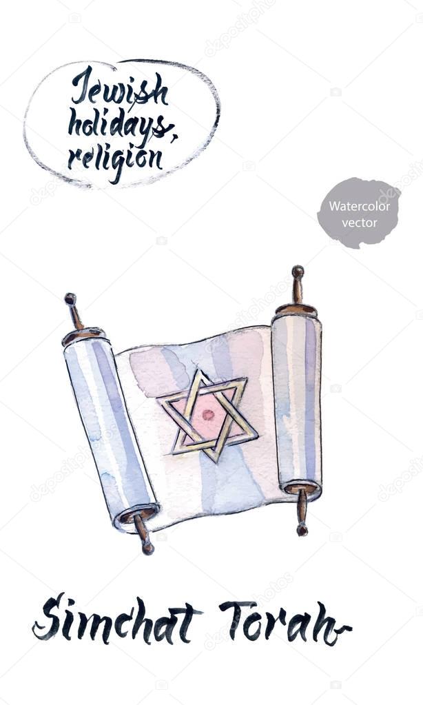 Simchat Torah, Jewish holiday, watercolor hand drawn, vector illustration
