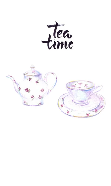 Tè tempo, Illustrazione di tazza e bollitore di tè nero — Foto Stock