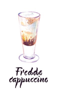 Watercolor illustration of cup of Freddo cappuccino, greek coffee, vector illustration clipart