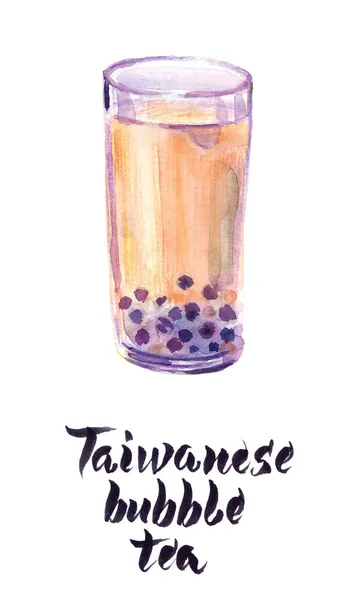 Aquarell Illustration Von Glas Taiwanesischem Bubble Tea Vektorillustration — Stockvektor