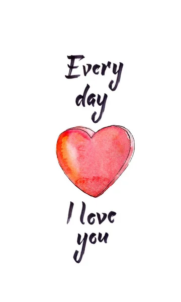 Εικονογράφηση Ακουαρέλα Πινέλο Στυλό Κάθε Μέρα Αγαπώ Κόκκινη Καρδιά — Φωτογραφία Αρχείου