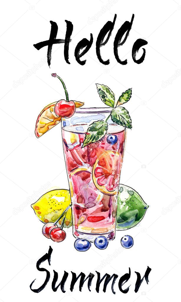 Hello Summer, Watercolor glass fruit tea with mint and fruits: lemon, lime, orange, cherries, blueberries