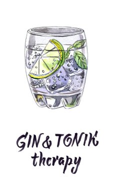 Cin tonik terapisi, bir bardak cin tonik, el yapımı, suluboya Illustration