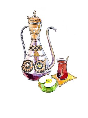 Antika Türk çaydanlığı, bir fincan çay, elma doğrama, suluboya