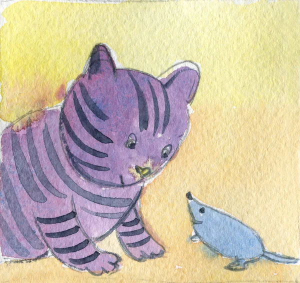 Παιδική Απεικόνιση Ακουαρέλα Φιλία Γάτας Και Ποντικιού — Φωτογραφία Αρχείου