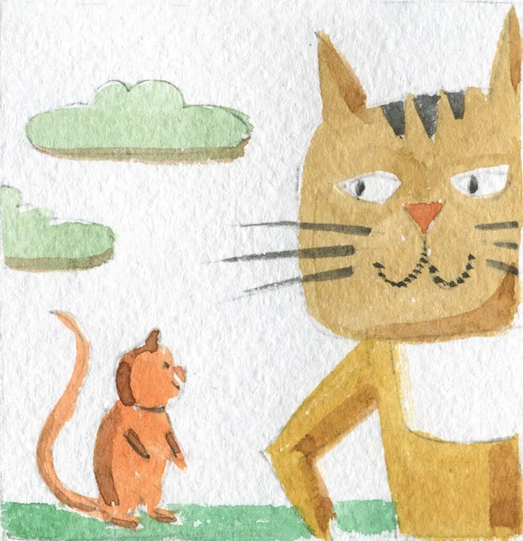 Ilustración Niños Acuarela Amistad Gato Ratón — Foto de Stock