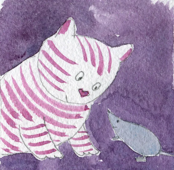 Kinderillustration Aquarell Freundschaft Von Katz Und Maus — Stockfoto