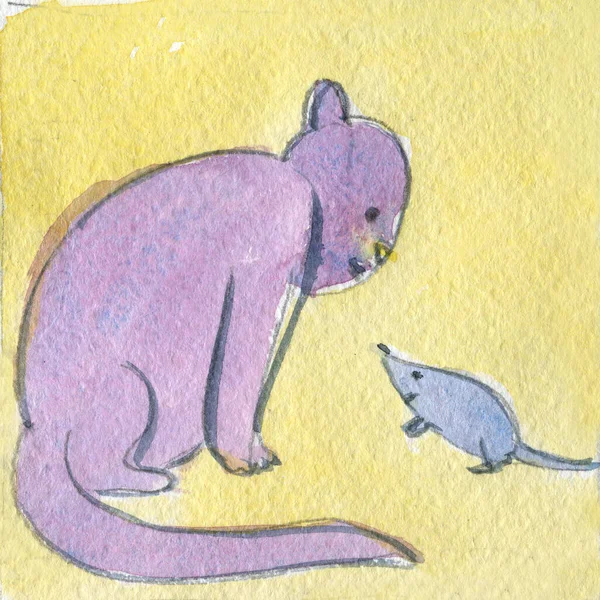Children Illustration Watercolor Friendship Cat Mouse — Stock Photo, Image