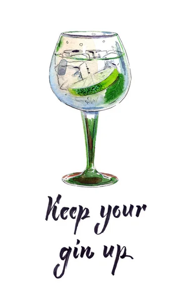 Mantenha Seu Gin Para Cima Gim Com Gelo Limão Aquarela — Fotografia de Stock
