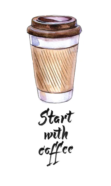 Kaffe Med Mugghållare Handritad Akvarell Illustration Börja Med Kaffe — Stockfoto