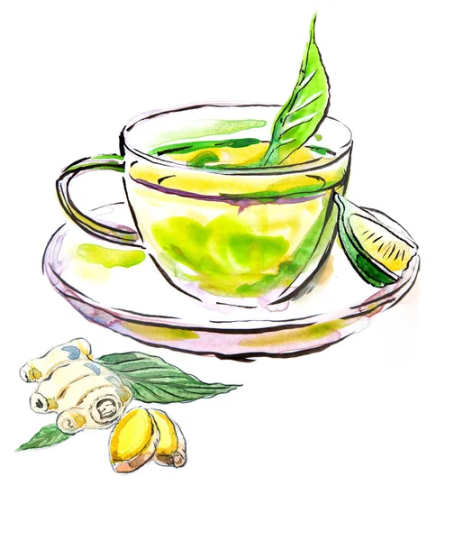 Aquarell Handgezeichnete Tasse Tee Ingwer Und Zitrone Raster Illustration — Stockfoto