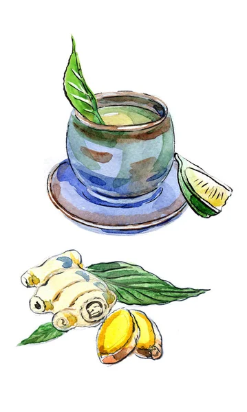Aquarell Handgezeichnete Tasse Tee Ingwer Und Zitrone Raster Illustration — Stockfoto