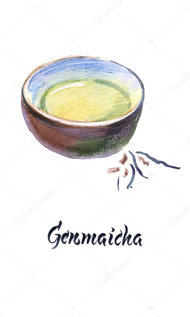Watercolor illustration, Japanese tea, Genmaicha tea