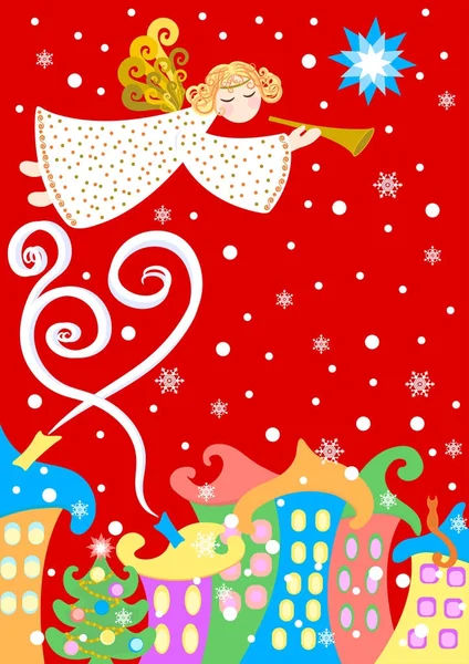 Kış city, kart, vektör çizim Noel meleği