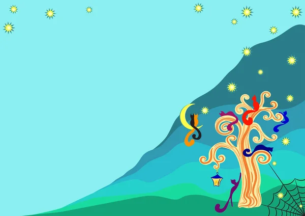 Akşamları, vektör çizim altın bir ağaçta kedi