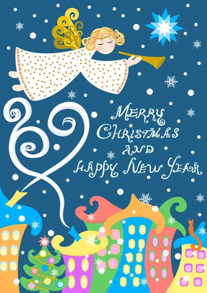 Noel meleği kış şehri, kartı, vektör çizim ile bir yazıt - mutlu Noeller ve mutlu yeni yıl