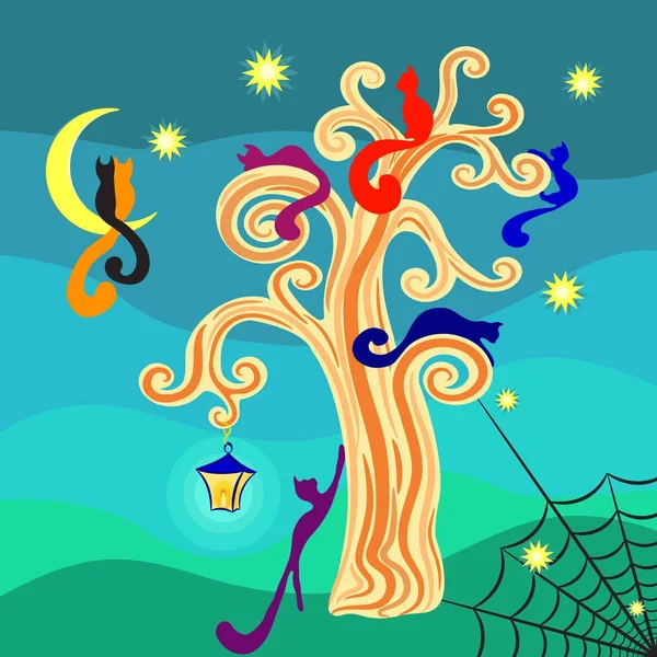 Akşamları, vektör çizim altın bir ağaçta kedi