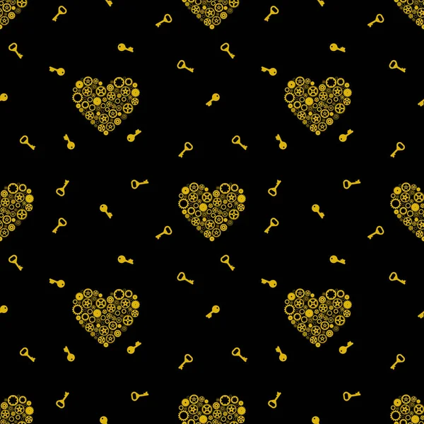 Tuşlar ve vites oluşan kalp ile Seamless modeli. Siyah bir zemin üzerine altın. Vektör çizim
