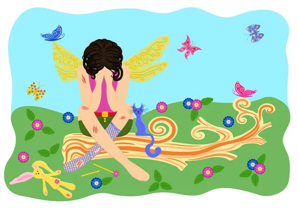 Yaralı peri ağlıyor. Peri düşmüş bir ağaç üzerinde oturur. Vektör çizim