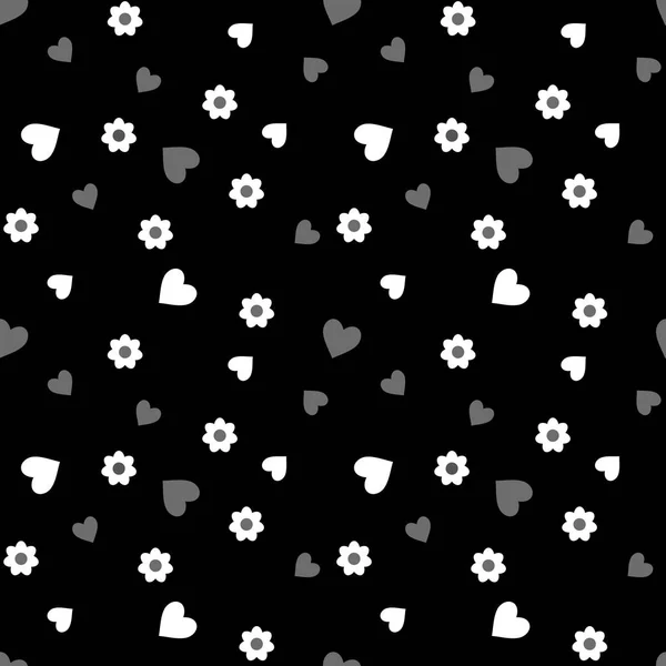 Beyaz ve gri Kalpler ve çiçekler siyah bir arka plan ile Seamless modeli. Vektör çizim