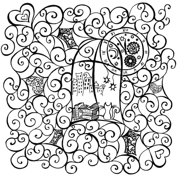 Kedi pencereden dışarı bakmak, çizilen illüstrasyon teslim. Vektör