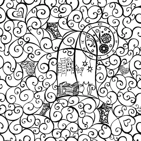 Kedi pencereden dışarı bakmak, çizilen illüstrasyon teslim. Seamless modeli. Vektör çizim