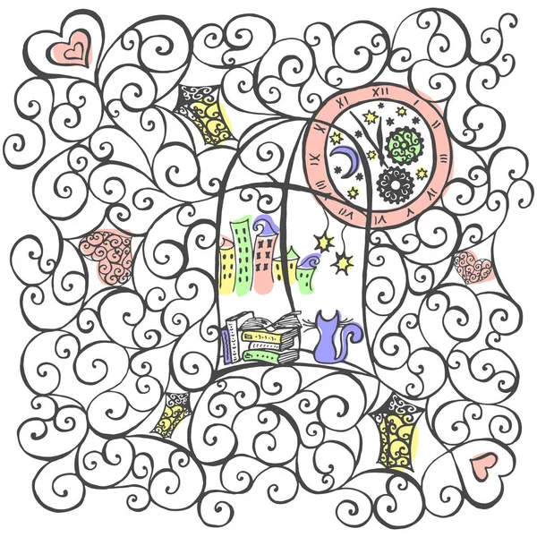 Kedi pencereden dışarı bakmak, çizilen illüstrasyon teslim. Vektör