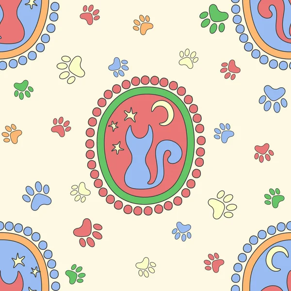 Bir madalyon içinde bir kedi resmi. Kedi yıldızlara ve aya bakar. Seamless modeli. Vektör çizim