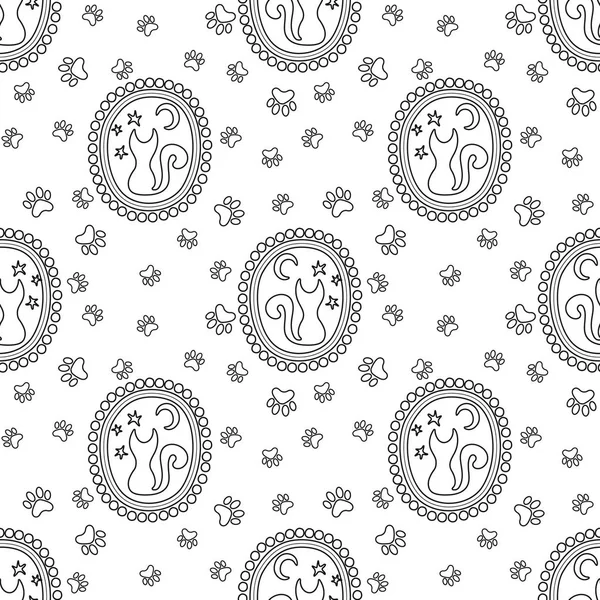 Bir madalyon içinde bir kedi resmi. Kedi yıldızlara ve aya bakar. Seamless modeli. Vektör çizim